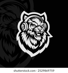 Tigre com fone de ouvido mascote animal esport personagem logotipo design, preto branco