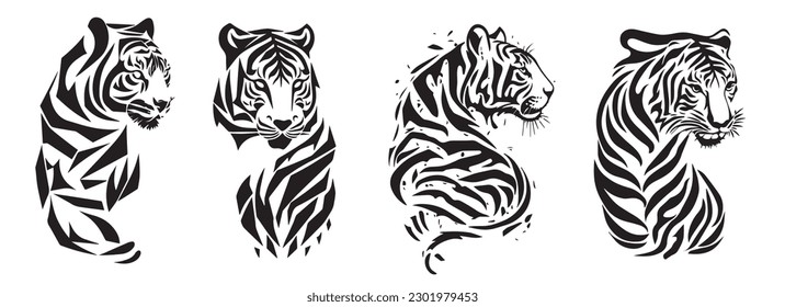 Tiger heads black and white vector. Silhouette svg shapes of tigers illustration.