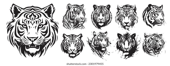 Tiger heads black and white vector. Silhouette svg shapes of tigers illustration.