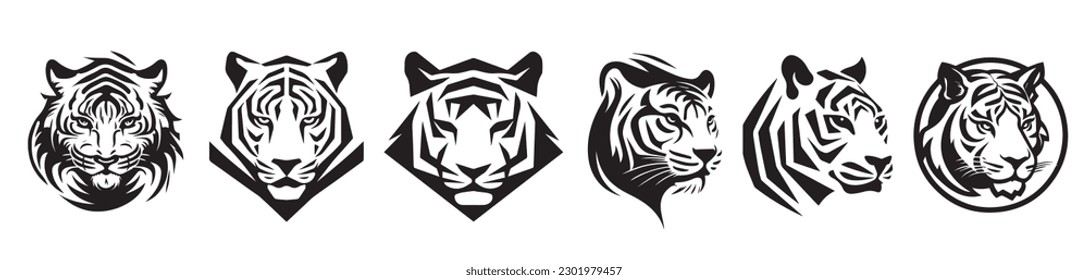 Tiger heads black and white vector. Silhouette svg shapes of tigers illustration.