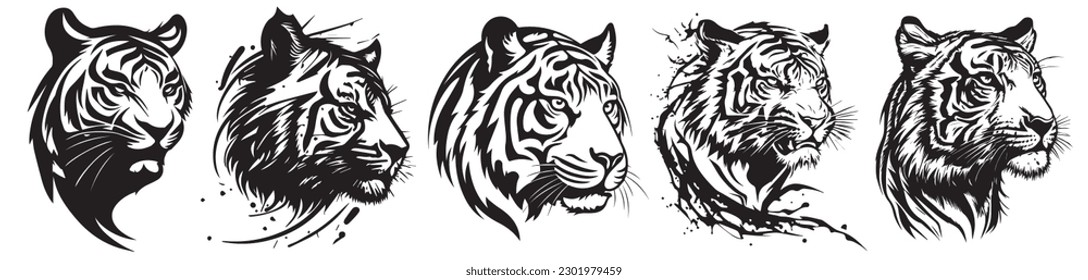 Tiger heads black and white vector. Silhouette svg shapes of tigers illustration. svg