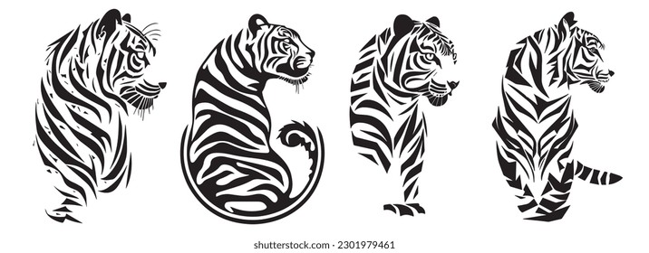 Tiger heads black and white vector. Silhouette svg shapes of tigers illustration.