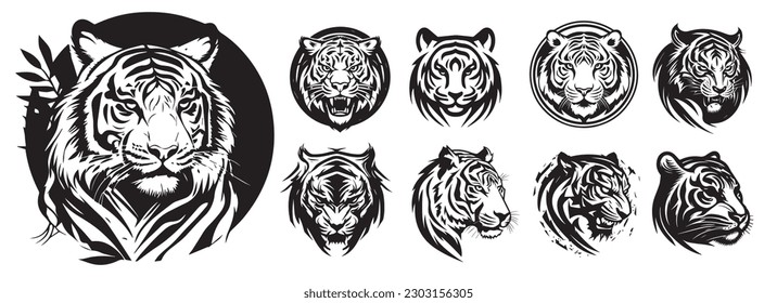 Tiger heads black and white vector illustration.