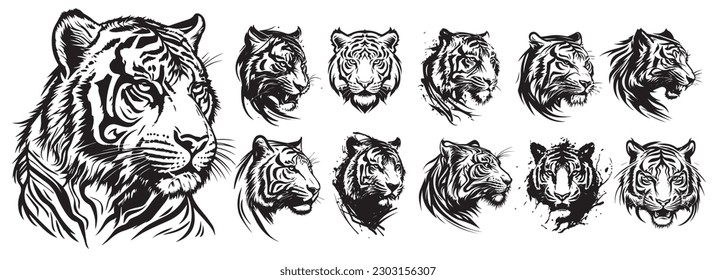 Ilustración vectorial en blanco y negro de cabezas de tigre.