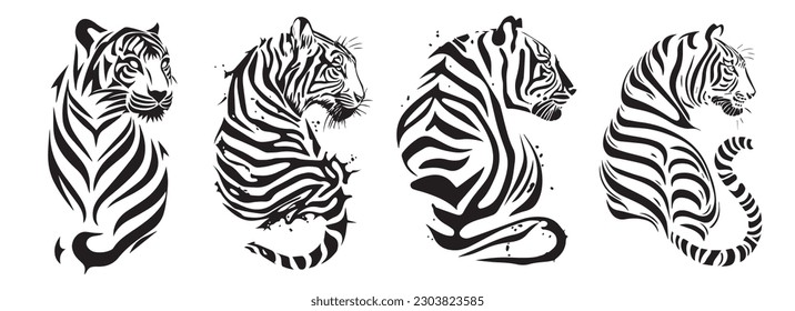 Tiger heads black and white vector illustration.