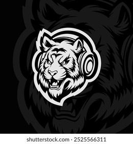 Tiger with headset, mascot esport illustration, black white
