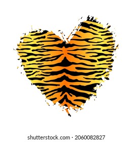 Impresión de forma de corazón de tigre. Textura de patrón de piel de animal salvaje, pincel dibujado a mano de color naranja, derrame a rayas del corazón. Diseño vectorial elemento texturizado para diseño de impresión de moda, etiqueta, fondo, día de San Valentín, tarjeta