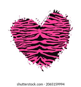 Tiger Heart Shape Print. Wild animal skin pattern texture, pink hand drawn brush stroke striped heart. Vector design textured element for fashion print design, tag, card, backgrounds, Valentines day.