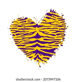 Impresión de forma de corazón de tigre. Textura de patrón de piel animal salvaje, pincel dibujado a mano amarilla y violeta derribó el corazón rayado. Diseño de vectores elemento texturizado para diseño de impresión, etiqueta, fondo de San Valentín, tarjeta