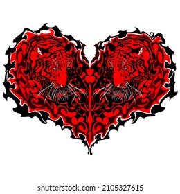 El corazón del tigre. Dos tigres con forma de corazón mirando hacia abajo. Ilustración de arte vectorial. Aislado sobre fondo blanco.