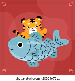 The tiger held the big fish and waved hello.