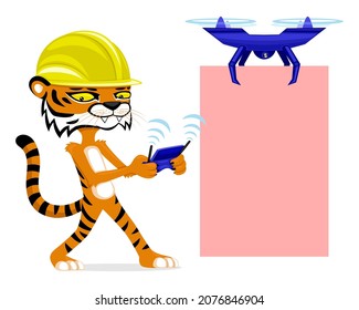 A tiger in a helmet controls a drone on a white background.