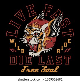 Tiger with Helmet Illustration with A Slogan Artwork on Black Background for Apparel or Other Uses