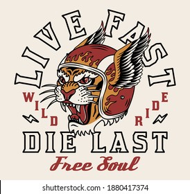 Tiger mit Helm-Illustration mit einem Slogan-Kunstwerk auf weißem Hintergrund für Bekleidung oder andere Verwendungszwecke