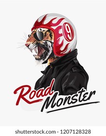 tiger in helmet and jacket with slogan