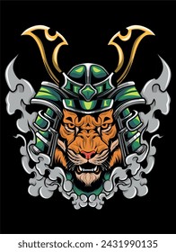 Tiger helmet samurai japanese. T-Shirt illustration design vector