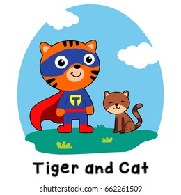 tiger hero and cat. funny cartoon illustration
