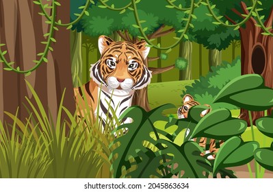Tiger hidden in the jungle illustration