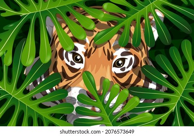 Tiger hidden in the jungle illustration