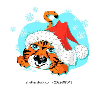Tiger is hiding under a Christmas hat. Merry Christmas and Happy New Year postcard, greeting. Sketch illustration vector.
