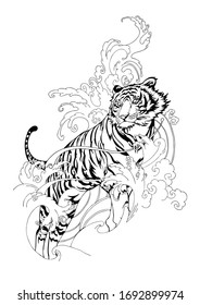 Tiger Hiking in Ocean wave and cloud design with ink Chinese or Japanese illustration motive vector for tattoo with white background