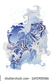 Tiger Hiking in Ocean wave and cloud design with ink Chinese or Japanese illustration vector for tattoo with blue Porcelain tone and white background