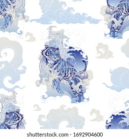 Tiger Hiking in Ocean wave and cloud design with ink Chinese or Japanese illustration vector tattoo for print seamless pattern with blue Porcelain tone and white background