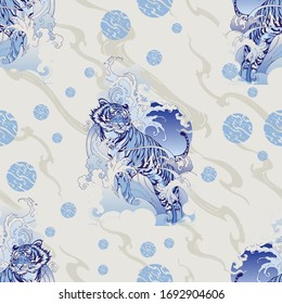 Tiger Hiking in Ocean wave and cloud design with ink Chinese or Japanese illustration vector tattoo for print seamless pattern with blue Porcelain tone and light gray background