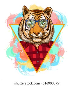 Tiger hipster fashion animal illustration. Fashion portrait of hipster tiger 