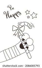 Tiger hold christmas candy cane with bow New Year card in hand draw style. Christmas card. Be happy text. Year of the tiger 2022 EPS