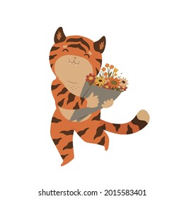 Tiger, der einen Blumenstrauß hält, einzeln auf weißem Hintergrund. Vektorgrafiken.