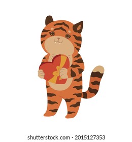 Tiger holding a box of chocolates isolate on a white background. Vector graphics.
