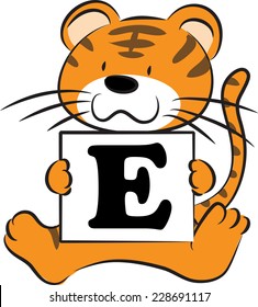 tiger holding a card with letter E