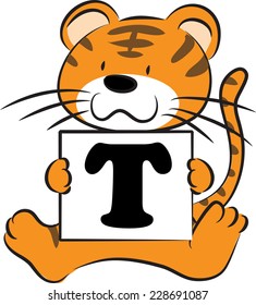 tiger holding a card with letter T
