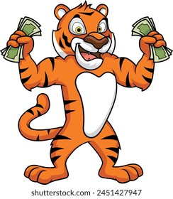 Tiger holding cash with both hands vector illustration