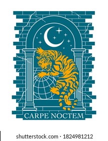 tiger holding a globe with moon illustration quote: "Carpe Noctem" translation: seize the night