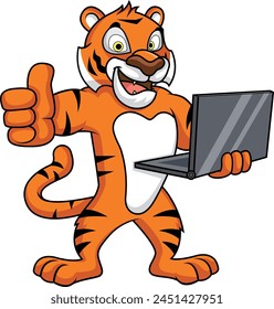 Tiger holding a laptop while making a thumbs up gesture vector illustration