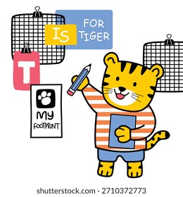 Tigre sosteniendo el lápiz y el cuaderno dentro del entorno del aula para la actividad de aprendizaje temprano. Concepto de Educación
