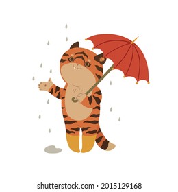 Tiger holding an umbrella isolate on a white background. Vector graphics.