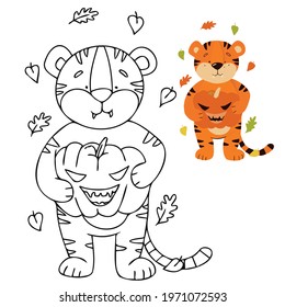 The tiger holds a pumpkin surrounded by swirling leaves. Coloring book for children with color example. Vector illustration.