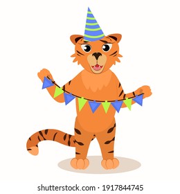 tiger holiday flags for decoration in hands. Illustration for a children's holiday, birthday greetings. The symbol of 2022