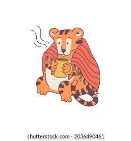 Tiger with hot drink cartoon outline red cute character. Vector isolated illustration.