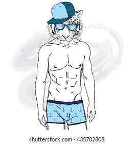 Tiger with a human body in swimming trunks. Vector  for greeting card, poster, or print on clothing and accessories.