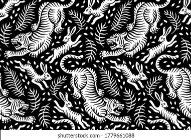 Tiger hunt, asian style black and white vector seamless pattern, stiped animals on black background