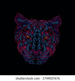 La cabeza del cazador de tigres línea de la cara de arte pop retrato logo diseño colorido con fondo oscuro