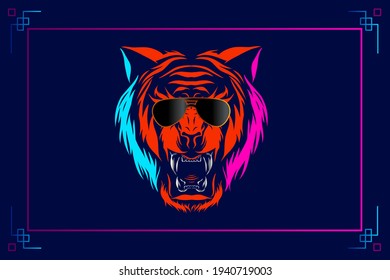 Tiger hunter head vector silhouette line pop art potrait logo colorful design with dark background. Abstract vector illustration. Isolated black background for t-shirt, poster, clothing.
