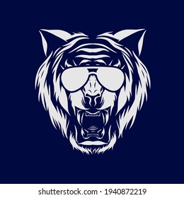 Tiger hunter head vector silhouette line pop art potrait logo colorful design with dark background. Abstract vector illustration. Isolated black background for t-shirt, poster, clothing.
