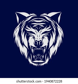 Tiger hunter head vector silhouette line pop art potrait logo colorful design with dark background. Abstract vector illustration. Isolated black background for t-shirt, poster, clothing.