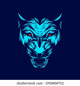 Tiger hunter head vector silhouette line pop art potrait logo colorful design with dark background. Abstract vector illustration. Isolated black background for t-shirt, poster, clothing.