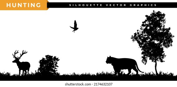 Venado de caza de tigres en la ilustración del vector forestal. Paisaje de naturaleza salvaje. Silhouette de caza de animales salvajes.